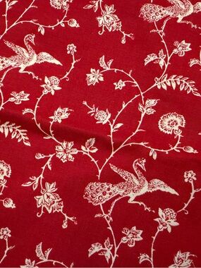 Vintage Dark Red Floral With Peacocks Cotton Fabric